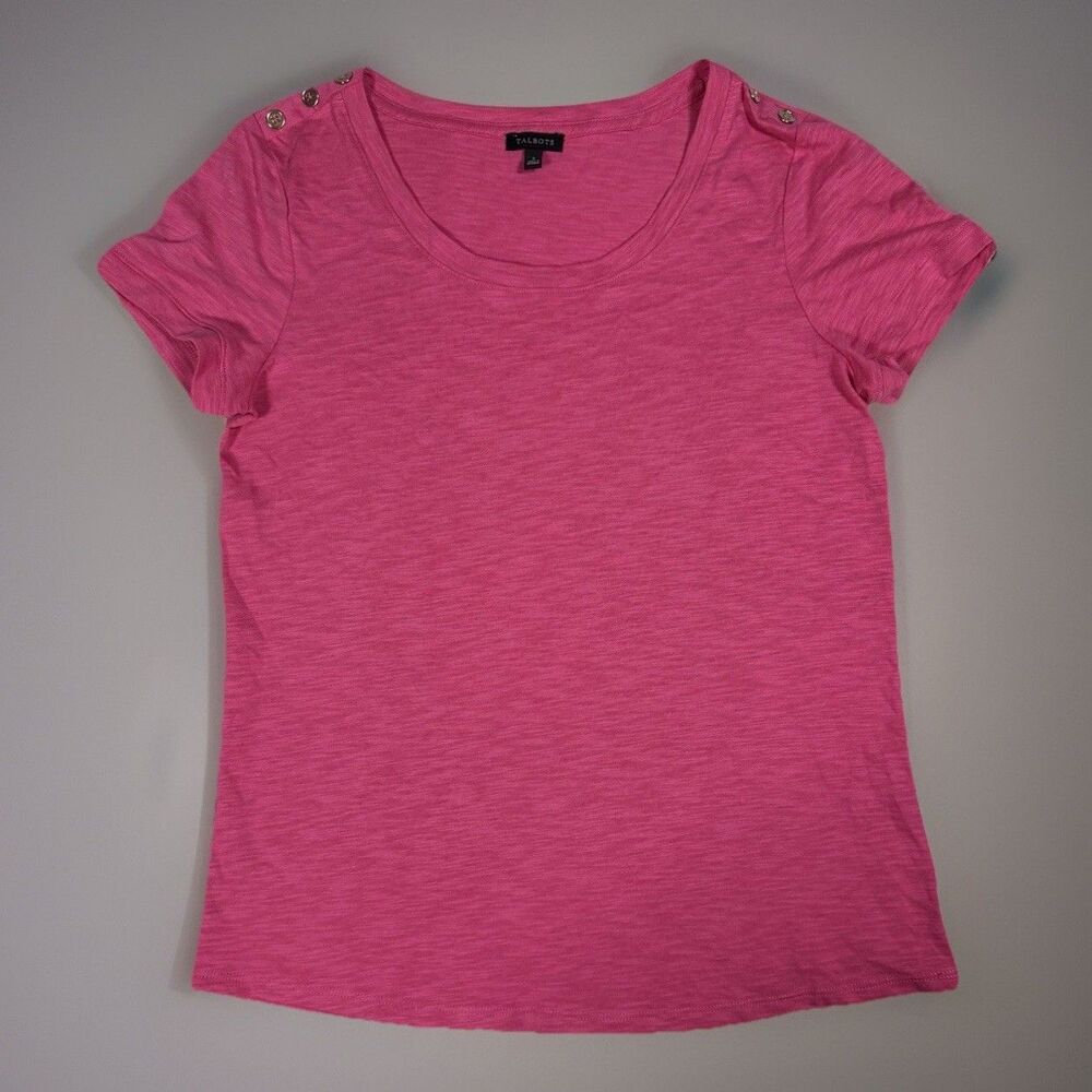 Talbots Women S Hot Pink Button Shoulder Tee Cotton Modal Scoop Neck Preppy